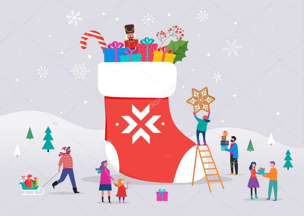 Merry Christmas, winter scene with a big red sock with gift boxes and small people, young men and women, families having fun in snow, skiing, snowboarding, sledding, ice skating