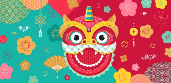 中国の旧正月の背景、ライオン ダンス、赤いドラゴンのキャラクターとグリーティング カード — ストックベクタ