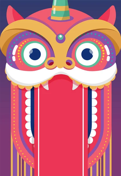 Fond du Nouvel An chinois, carte de vœux avec une danse du lion, personnage dragon rouge — Image vectorielle