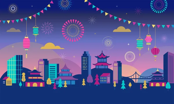 Ano Novo Chinês - paisagem da cidade com fogos de artifício coloridos e lanternas. Fundo vetorial — Vetor de Stock