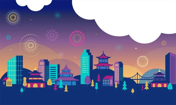 Capodanno cinese - paesaggio urbano con fuochi d'artificio colorati e lanterne. Sfondo vettoriale — Vettoriale Stock