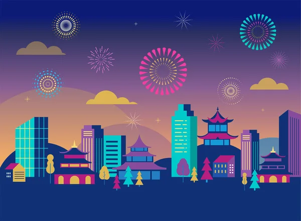 Китайский Новый год - городской пейзаж с красочными фейерверками и фонарями. Векторный фон — стоковый вектор