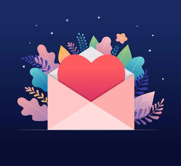 Happy Valentines day, liefde brief concept. In de grote enveloppe met rood hart, romantische achtergrond, ontwerp van de banner — Stockvector