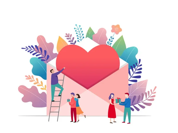 Feliz día de San Valentín, concepto de carta de amor. Sobre grande con corazón rojo y gente pequeña, fondo romántico, diseño de la bandera — Archivo Imágenes Vectoriales