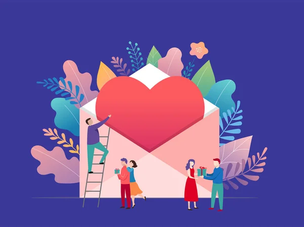 Feliz día de San Valentín, concepto de carta de amor. Sobre grande con corazón rojo y gente pequeña, fondo romántico, diseño de la bandera — Vector de stock