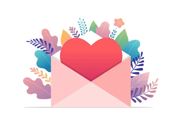 Happy Valentines day, koncepcja list miłość. Duże koperty z czerwonym sercem, romantyczny tło, projektowanie banerów — Wektor stockowy