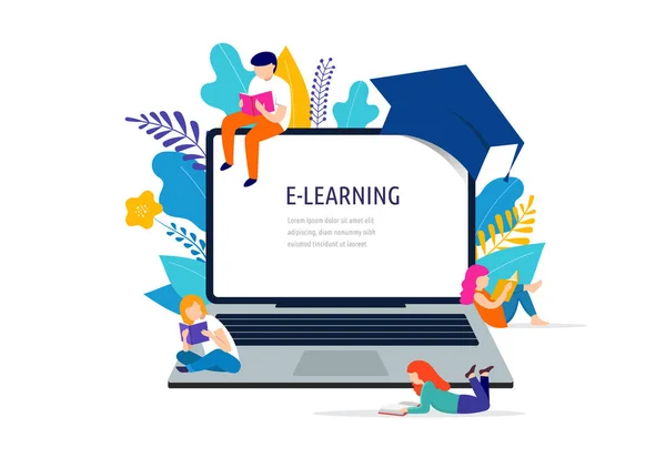 E-learning έννοια εικονογράφηση. Μεγάλο laptop με ένα τετράγωνο ακαδημαϊκό καπάκι — Διανυσματικό Αρχείο