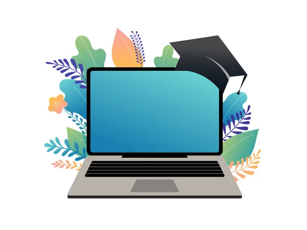 E-learning concept illustratie. Grote laptop met een vierkant academische cap — Stockvector