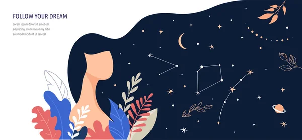 Feminine concept illustration, beautiful woman, hair night sky full of stars. Character decorated with flowers and leaves. — Stock Vector