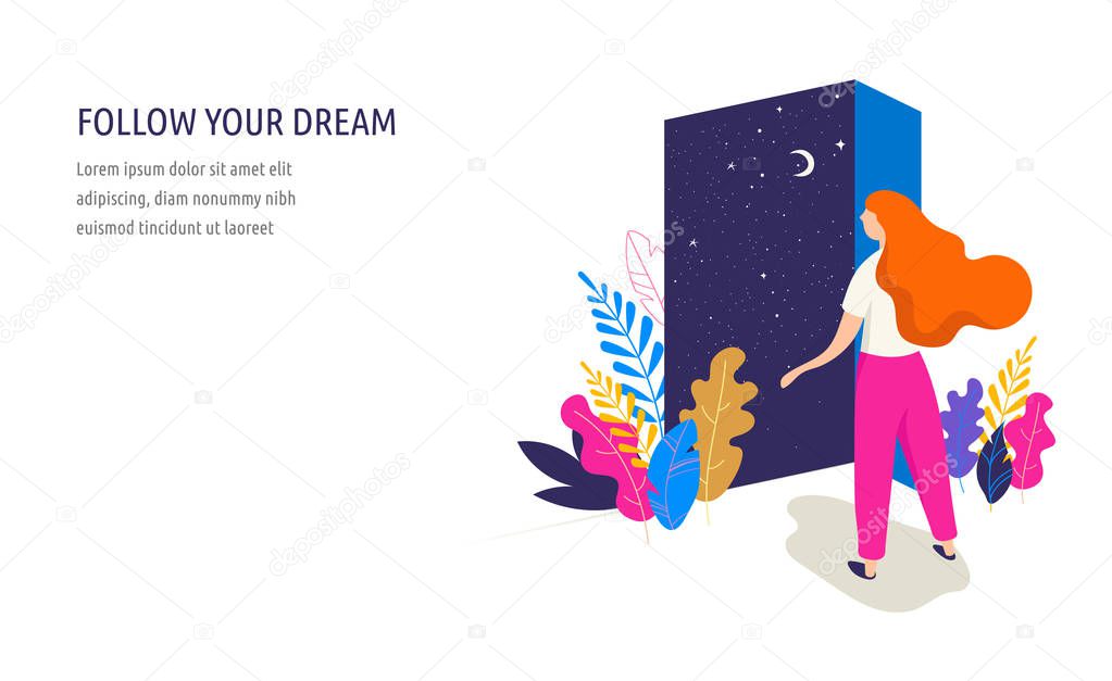 Feminine concept illustration, beautiful woman opens the door with a night sky view. Character decorated with flowers and leaves.