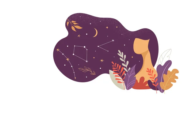 Illustrazione concetto femminile, bella donna decorata con stelle, fiori e foglie . — Vettoriale Stock