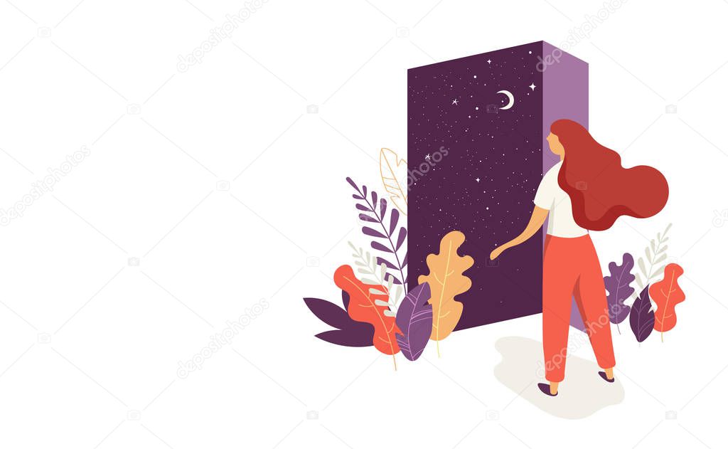 Feminine concept illustration, beautiful woman opens the door with a night sky view. Character decorated with flowers and leaves.