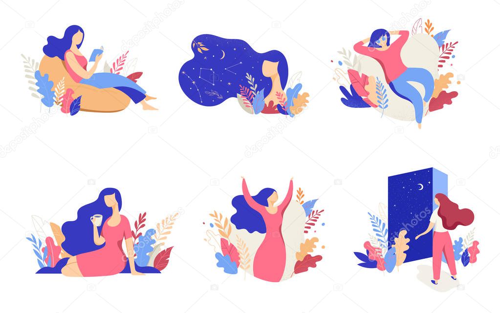 Feminine concept illustration, beautiful women, different situations. Characters decorated with flowers and leaves.