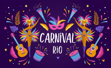 Brezilya karnaval, müzik festivali, maskeli balo flyer şablonu