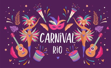 Brezilya karnaval, müzik festivali, maskeli balo flyer şablonu