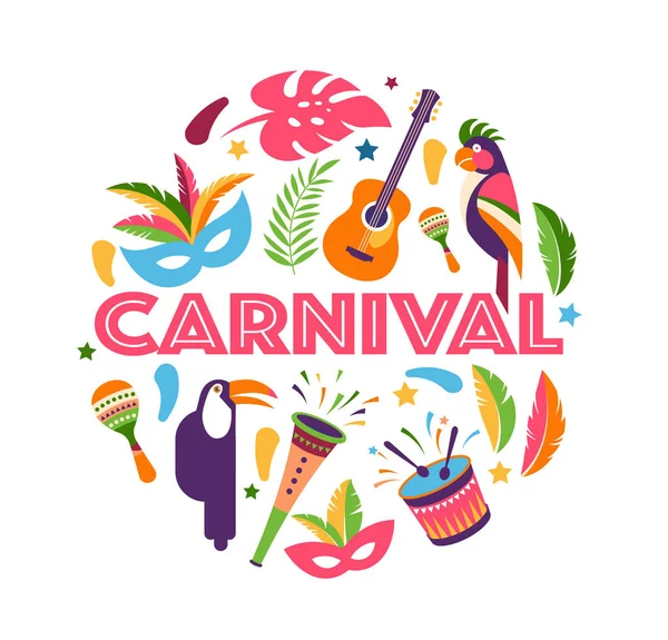 Carnaval Brasileño, festival de música, plantilla de volante de máscaras — Vector de stock