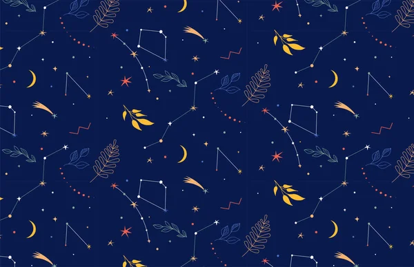 Csillagképek varrat nélküli mintát. Éjszakai háttér a csillagok, a planents és a levelek — Stock Vector