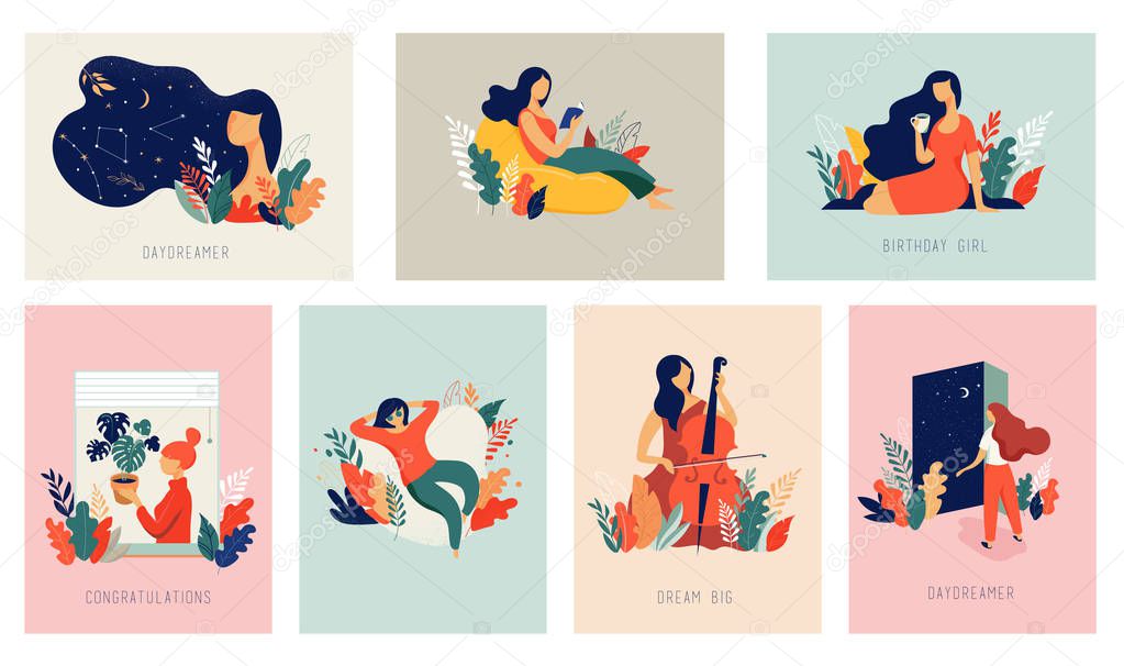 International Womens Day. Vector cards with women, leaves, flowers