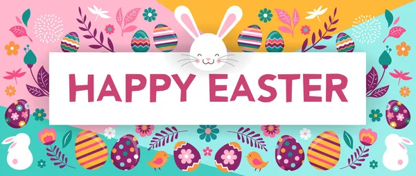 Feliz Páscoa, banner vetorial com flores, ovos e coelhos — Vetor de Stock