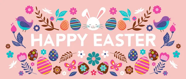 Feliz Páscoa, banner vetorial com flores, ovos e coelhos —  Vetores de Stock