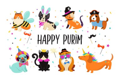 Komik hayvanlar, Evcil hayvan. Sevimli köpek ve kedi ile renkli bir karnaval kostümleri, vektör çizim, mutlu Purim afiş