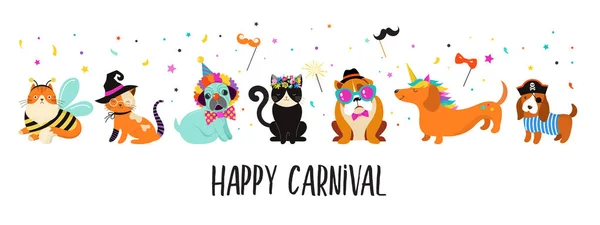 Animali divertenti, animali domestici. Cani e gatti carini con costumi di carnevale colorati, illustrazione vettoriale — Vettoriale Stock