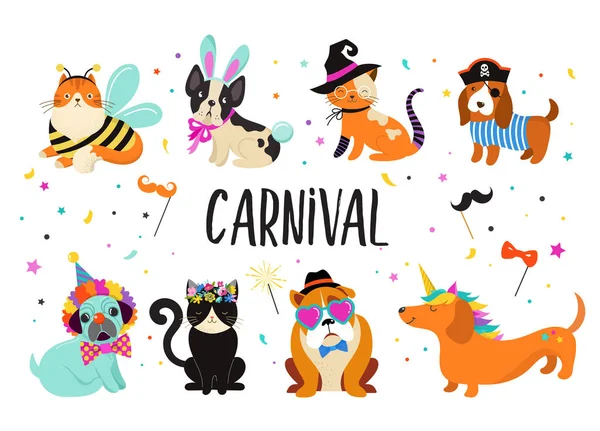 Animaux drôles, animaux de compagnie. Chiens et chats mignons avec des costumes de carnaval colorés, illustration vectorielle — Image vectorielle