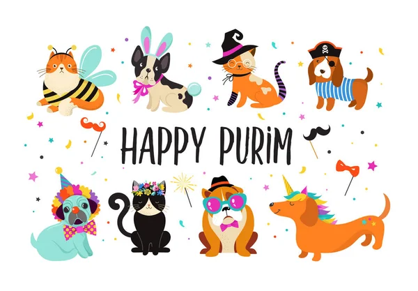 Roliga djur, husdjur. Söta hundar och katter med en färgglad Karnevalkostymer, vektorillustration. Glad Purim banner — Stock vektor