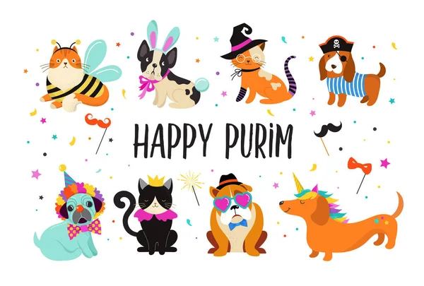 Grappige dieren, huisdieren. Leuke honden en katten met een kleurrijke carnaval kostuums, vectorillustratie, Happy Purim banner — Stockvector