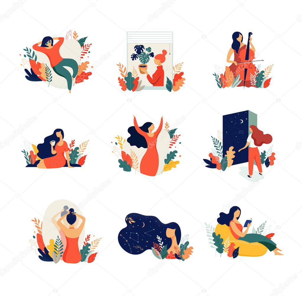 Feminine concept illustration, beautiful women in different situations. international womens day. Flat style vector design set stock vectors