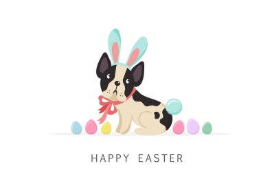 Köpek bunny kostüm giyen mutlu paskalya kartı