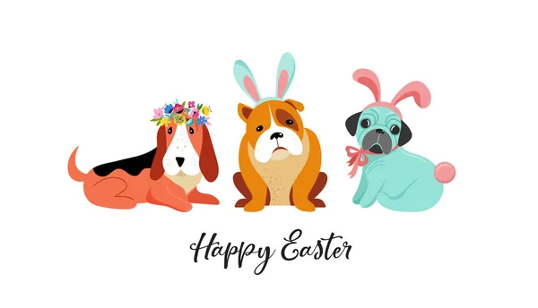 Buona Pasqua, con i cani che indossano costumi da coniglietto — Vettoriale Stock