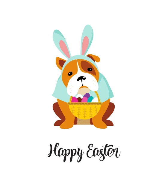 Happy Easter card, dog wearing bunny costume — Stock Vector
