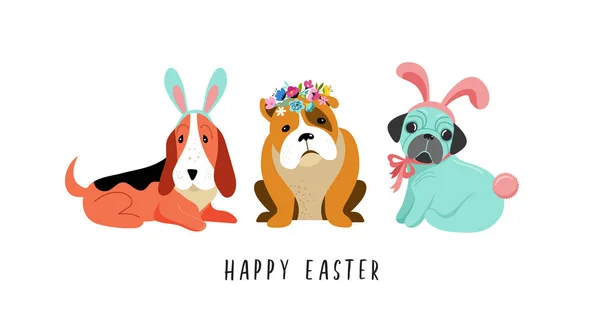 Tavşan kostümleri giyen köpeklerle mutlu paskalya kartı — Stok Vektör