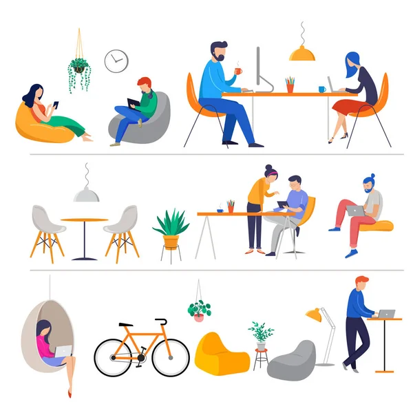 Spazio di co-working, illustrazione concettuale. Giovani che lavorano su computer portatili e computer su uffici moderni condivisi. Illustrazione in stile piatto vettoriale — Vettoriale Stock