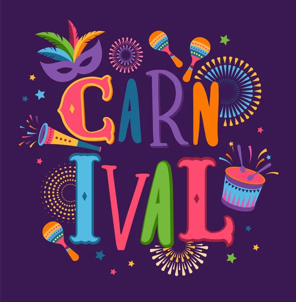 Carnaval Brasileiro, festival de música, panfleto de máscaras, design vetorial —  Vetores de Stock