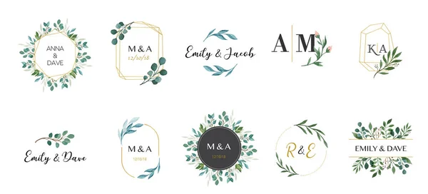 Düğün logolar, el çekilmiş zarif, narin monogram koleksiyonu — Stok Vektör