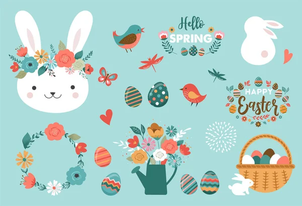 Happy blahopřání k Velikonočním svátkům - roztomilý králíček, vejce, ptáci a květiny prvky, vektorové ilustrace — Stockový vektor