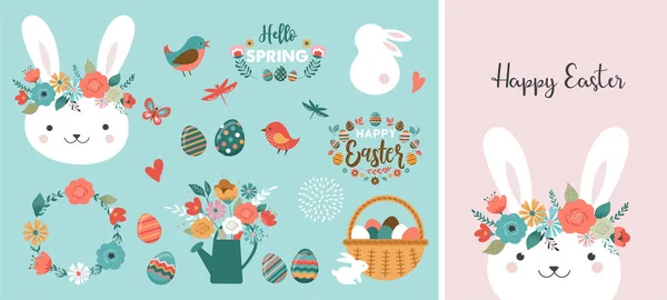 Cartão de Páscoa feliz - coelho bonito, ovos, pássaros e flores elementos, ilustração vetorial —  Vetores de Stock
