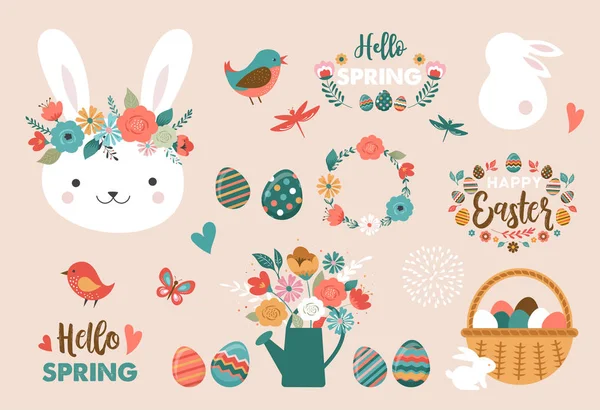 Boldog húsvéti üdvözlőlap - aranyos nyuszi, tojás, madarak és virágok elemek, vektoros illusztráció — Stock Vector
