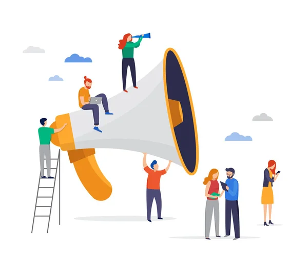 Big megaphone with a small people, teamwork. Business promotion, attention, advertising, online alerting. Vector flat style illustration. — Stock Vector