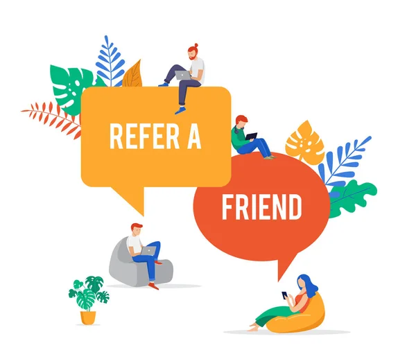 Refer a friend illustration. Big megaphone with a team work. Concept media for landing page, template, ui, website — Stock Vector