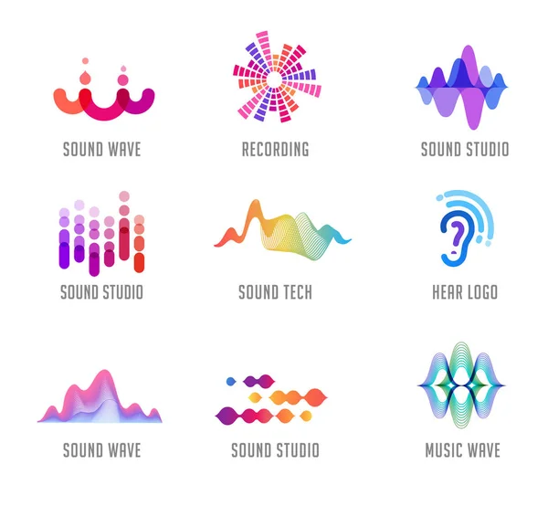 Onda de sonido, música, logotipo de producción y colección de símbolos, iconos de diseño — Vector de stock