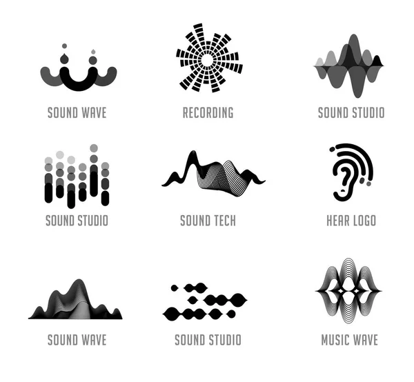 Onda de sonido, música, logotipo de producción y colección de símbolos, iconos de diseño — Vector de stock