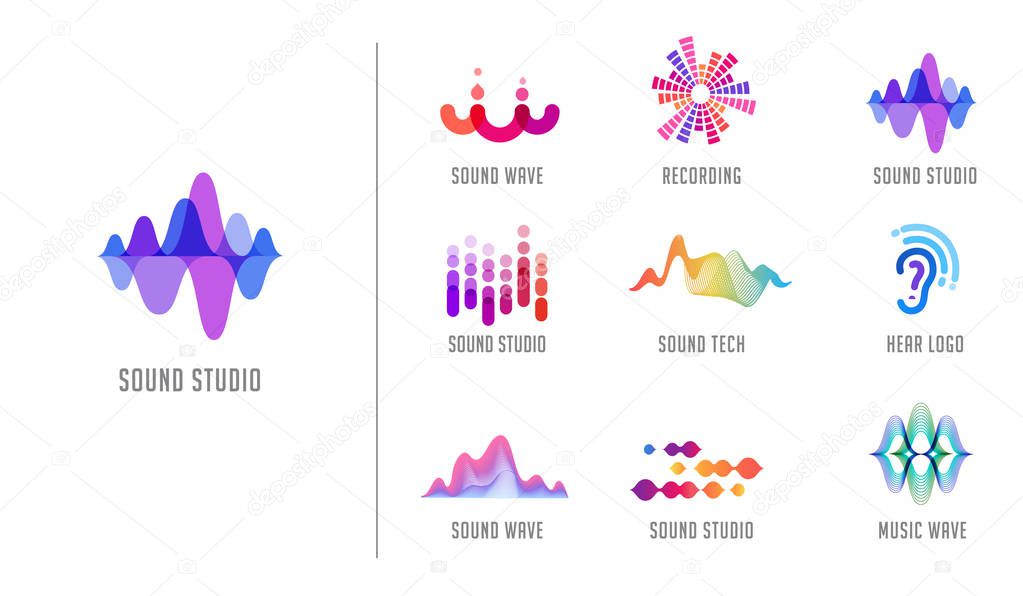 Sound wave, music, production logo and symbol collection, design icons set