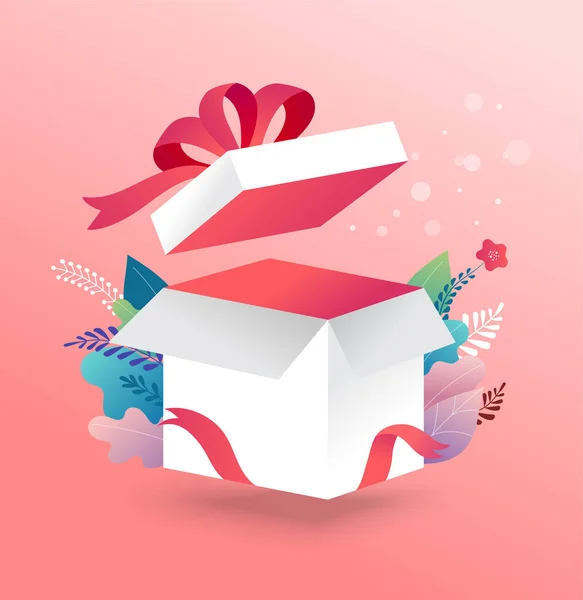 Caja de la suerte, abierto caja de regalo blanco con cinta roja. Venta concepto de diseño, regalar promoción. Ilustración vectorial — Vector de stock