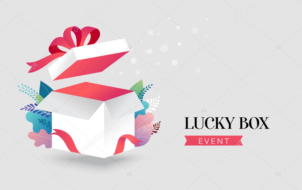 Lucky box, opened white present box with red ribbon. Sale concept design, give away promotion. Vector illustration