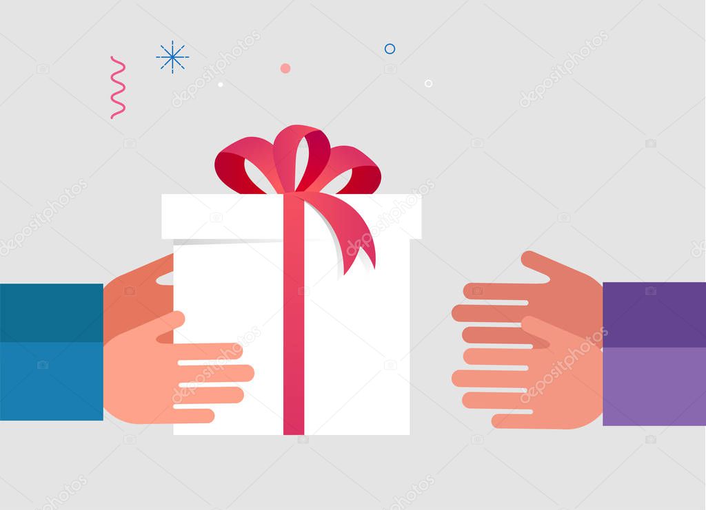Lucky box, opened white present box with red ribbon. Sale concept design, give away promotion. Vector illustration