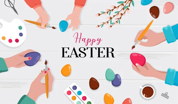 Velikonoční scéna - šťastná rodina připravuje na Velikonoce. Matku, otce a dcery jsou malování vajíček. Vektorové ilustrace — Stockový vektor