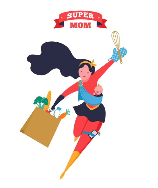 Супер мама. Мати літаючого супергероя, що носить дитину. Векторні ілюстрації — стоковий вектор
